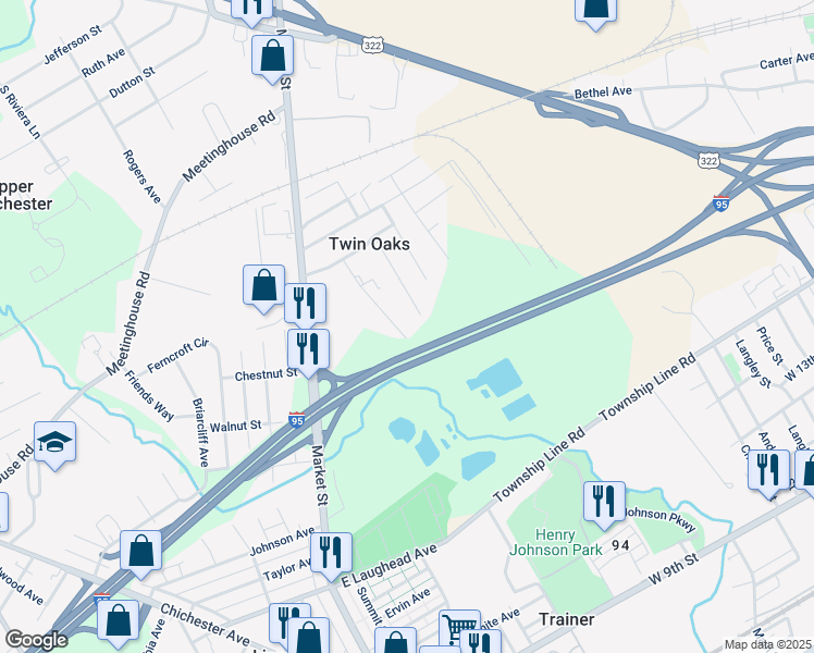 map of restaurants, bars, coffee shops, grocery stores, and more near 2313 Thomas Avenue in Aston