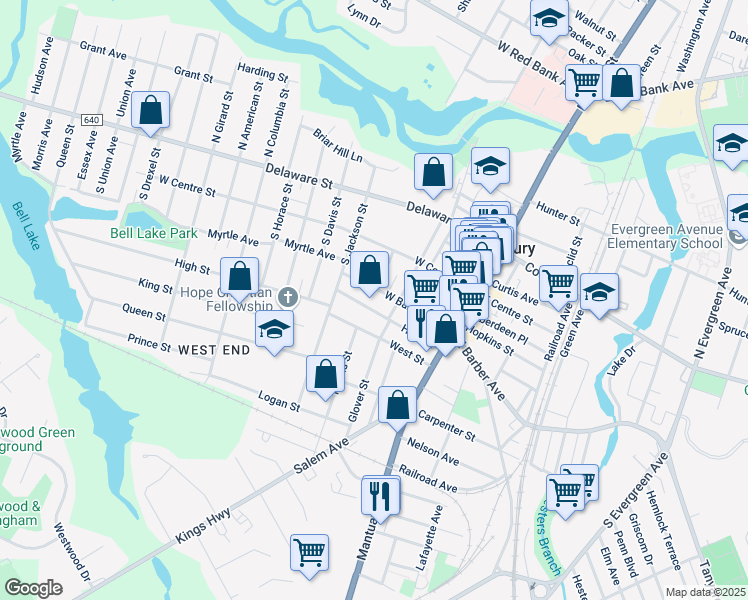 map of restaurants, bars, coffee shops, grocery stores, and more near 145 West Barber Avenue in Woodbury