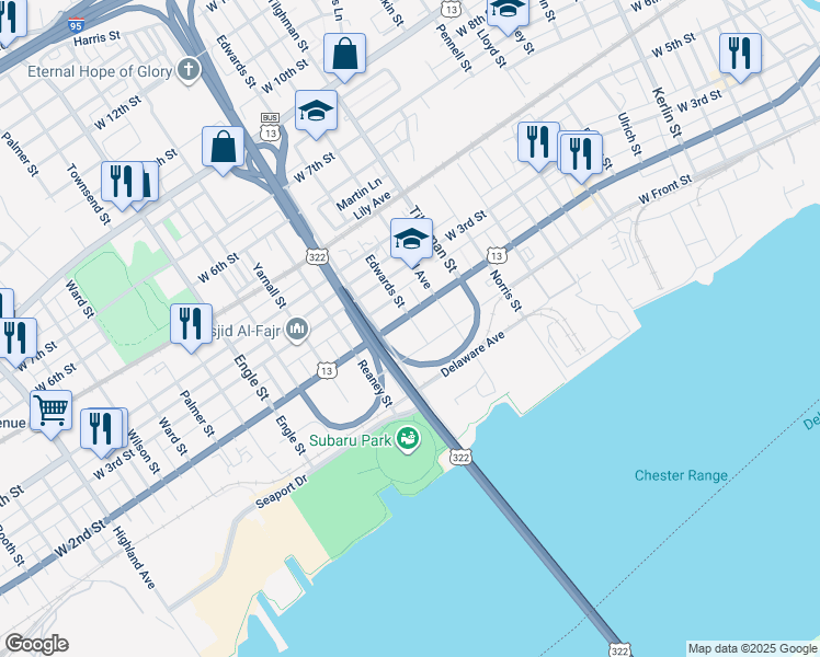 map of restaurants, bars, coffee shops, grocery stores, and more near 1629 West 2nd Street in Chester