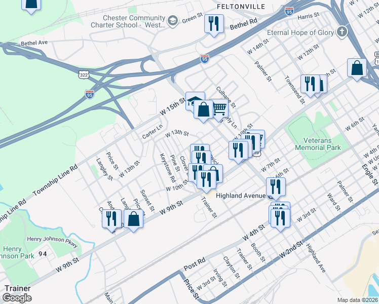 map of restaurants, bars, coffee shops, grocery stores, and more near 1213 Clover Lane in Chester