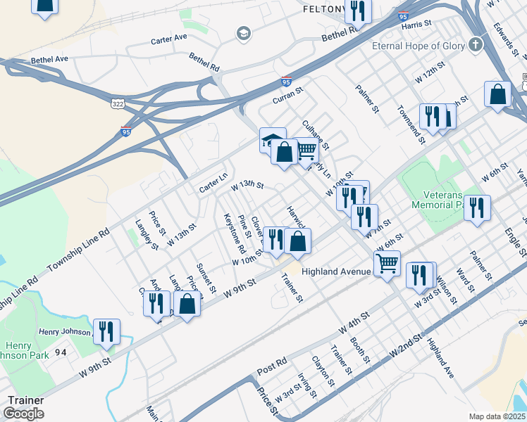 map of restaurants, bars, coffee shops, grocery stores, and more near 1213 Clover Lane in Chester