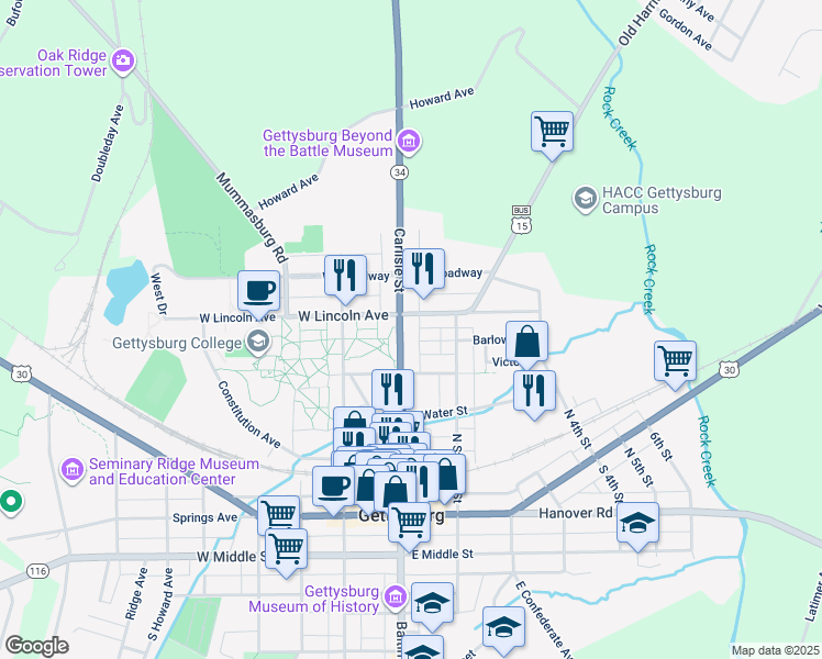 map of restaurants, bars, coffee shops, grocery stores, and more near 343 Carlisle Street in Gettysburg