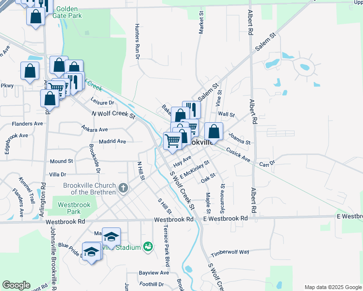 map of restaurants, bars, coffee shops, grocery stores, and more near 45309 Mulberry Street in Brookville