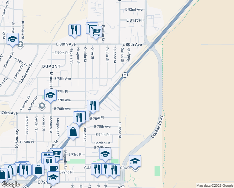map of restaurants, bars, coffee shops, grocery stores, and more near 7750 Colorado 2 in Commerce City