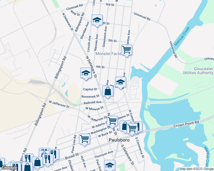 map of restaurants, bars, coffee shops, grocery stores, and more near Billings Avenue & 7th Street in Paulsboro