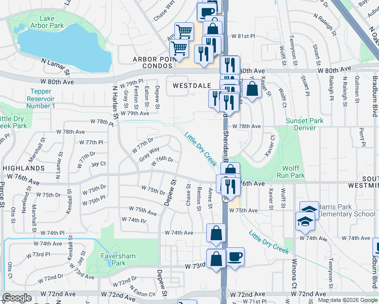 map of restaurants, bars, coffee shops, grocery stores, and more near 7729 Depew Street in Westminster