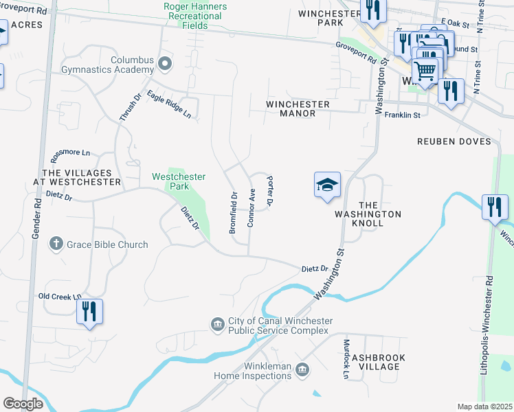 map of restaurants, bars, coffee shops, grocery stores, and more near 7245 Porter Drive in Canal Winchester