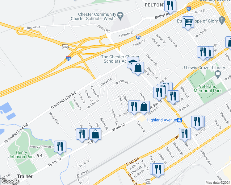 map of restaurants, bars, coffee shops, grocery stores, and more near 1220 Pine Lane in Chester