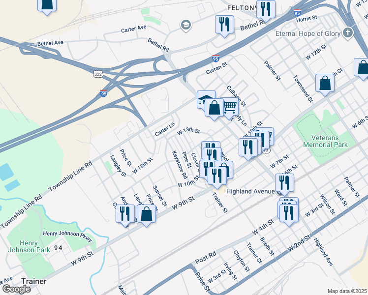 map of restaurants, bars, coffee shops, grocery stores, and more near 1217 Pine Lane in Chester