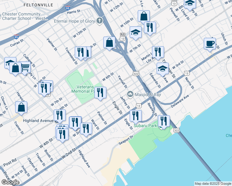 map of restaurants, bars, coffee shops, grocery stores, and more near 2022 West 4th Street in Chester