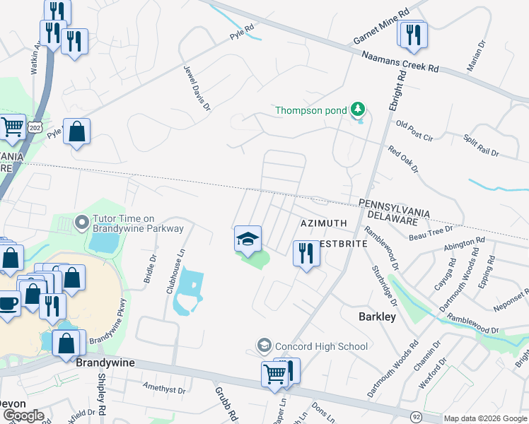map of restaurants, bars, coffee shops, grocery stores, and more near 92 Echo Road in Wilmington