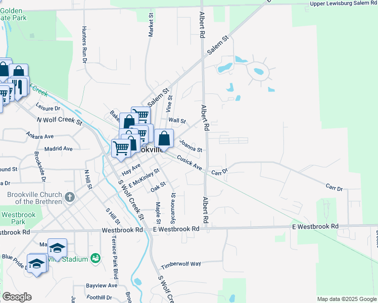 map of restaurants, bars, coffee shops, grocery stores, and more near 232 Joanna Street in Brookville