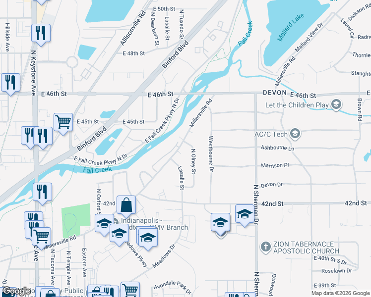 map of restaurants, bars, coffee shops, grocery stores, and more near 4443 Millersville Road in Indianapolis