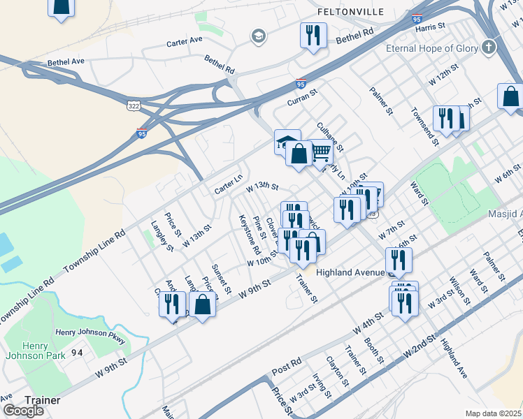 map of restaurants, bars, coffee shops, grocery stores, and more near 1208 Clover Lane in Chester