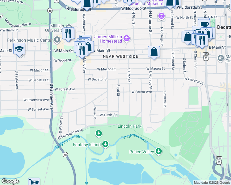 map of restaurants, bars, coffee shops, grocery stores, and more near 471 Boyd Street in Decatur
