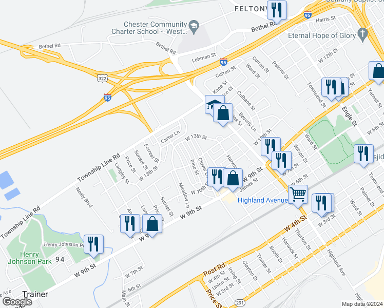 map of restaurants, bars, coffee shops, grocery stores, and more near 1217 Pine Lane in Chester