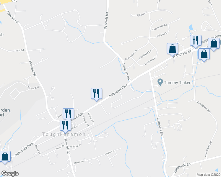 map of restaurants, bars, coffee shops, grocery stores, and more near 1225 Baltimore Pike in Toughkenamon