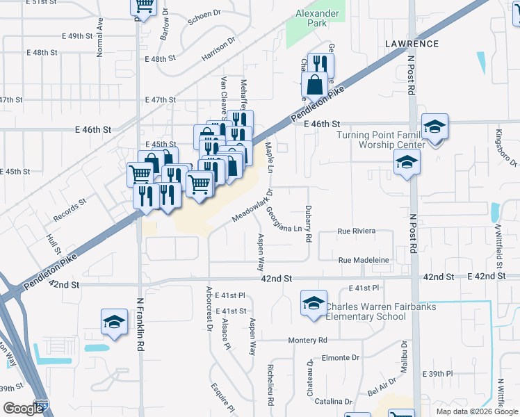 map of restaurants, bars, coffee shops, grocery stores, and more near 8415 Meadowlark Drive in Indianapolis
