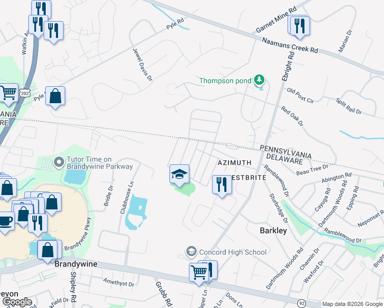 map of restaurants, bars, coffee shops, grocery stores, and more near 92 Echo Road in Wilmington