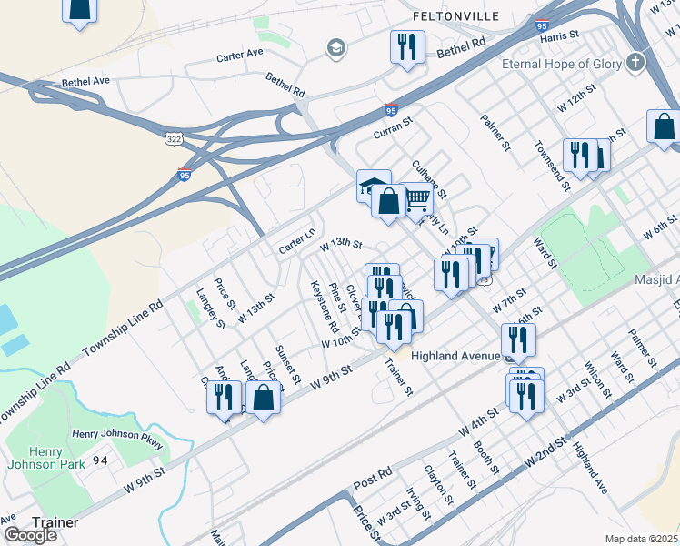 map of restaurants, bars, coffee shops, grocery stores, and more near 1208 Clover Lane in Chester