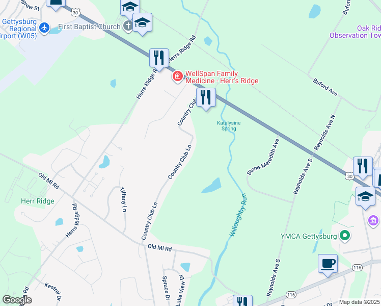 map of restaurants, bars, coffee shops, grocery stores, and more near 160 Country Club Lane in Gettysburg