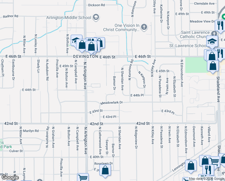 map of restaurants, bars, coffee shops, grocery stores, and more near 4408 Barnor Drive in Indianapolis