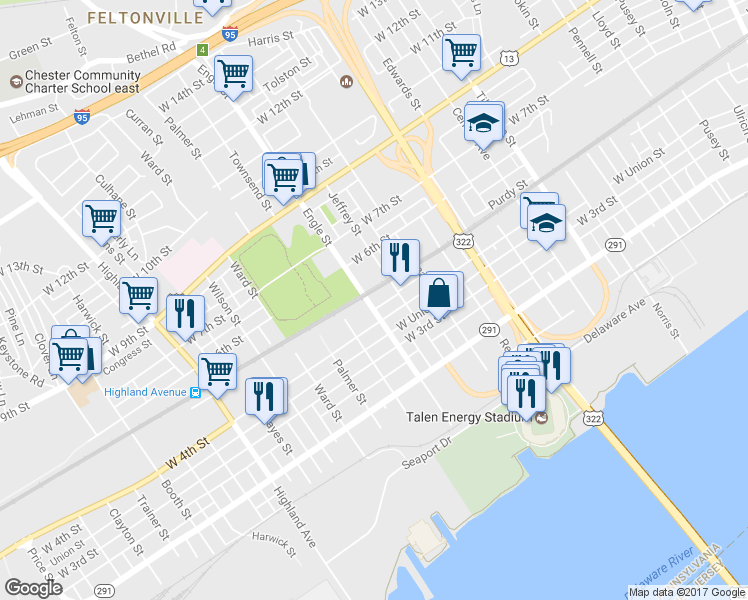 map of restaurants, bars, coffee shops, grocery stores, and more near 425 Engle Street in Chester