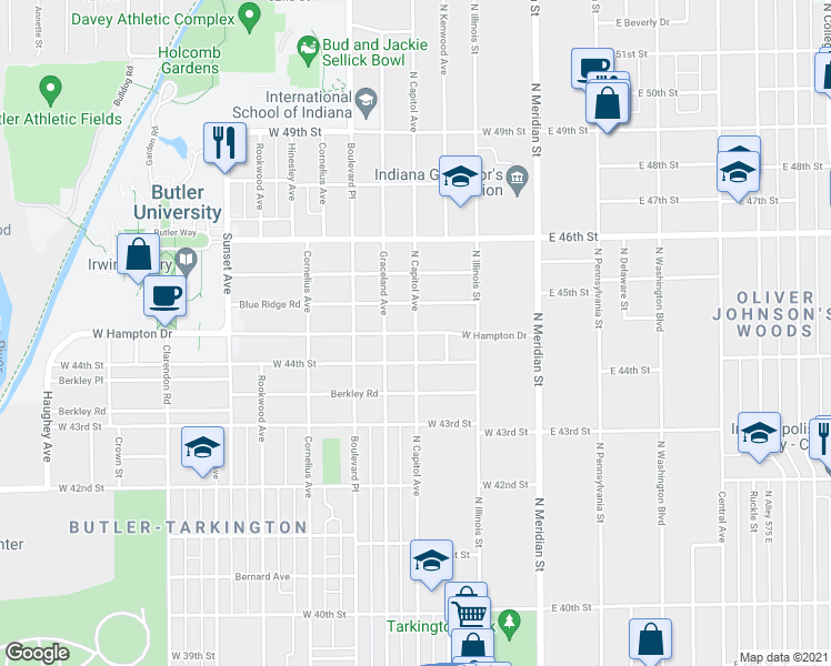 map of restaurants, bars, coffee shops, grocery stores, and more near N Capitol Ave & W Hampton Dr in Indianapolis