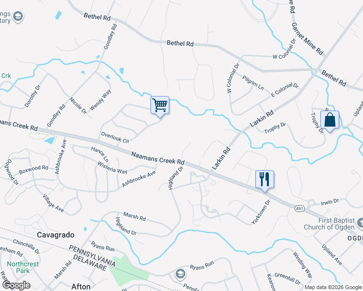 map of restaurants, bars, coffee shops, grocery stores, and more near 3447 Essex Way in Garnet Valley