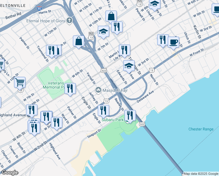 map of restaurants, bars, coffee shops, grocery stores, and more near 1833 West 3rd Street in Chester