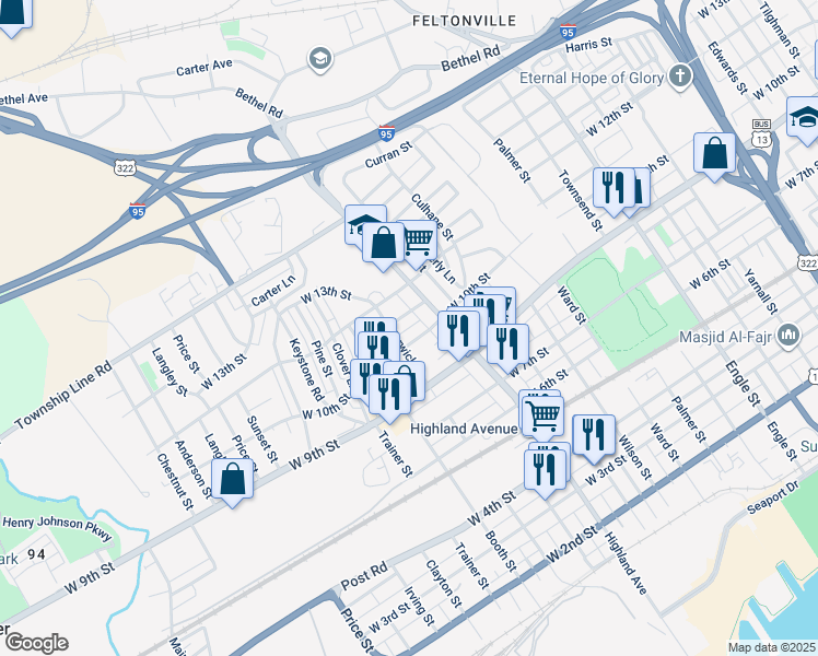 map of restaurants, bars, coffee shops, grocery stores, and more near 2822 West 10th Street in Chester