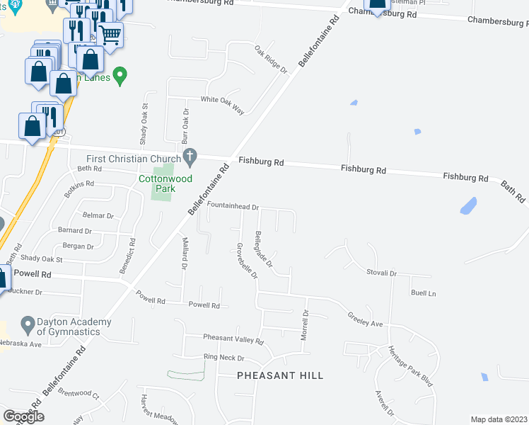 map of restaurants, bars, coffee shops, grocery stores, and more near 6976 Belleglade Drive in Dayton
