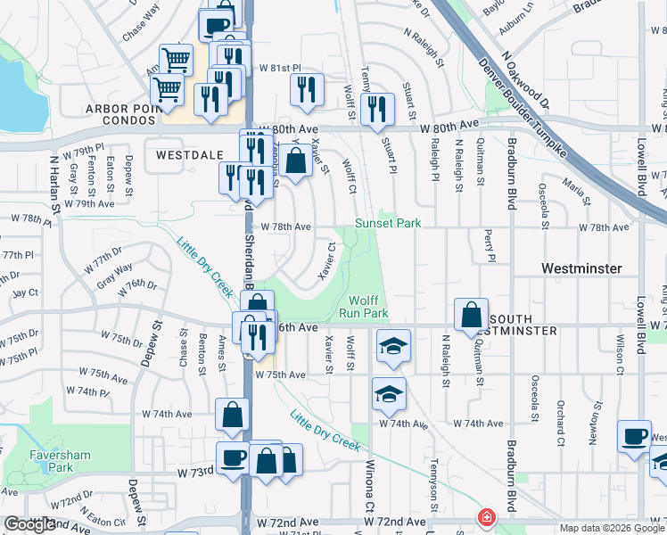 map of restaurants, bars, coffee shops, grocery stores, and more near 7755 Xavier Court in Westminster