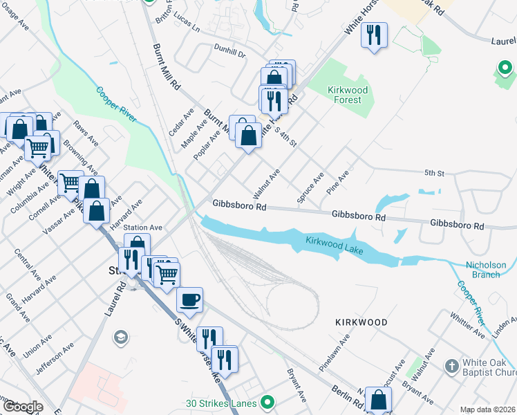 map of restaurants, bars, coffee shops, grocery stores, and more near 1131 Gibbsboro Road in Voorhees Township