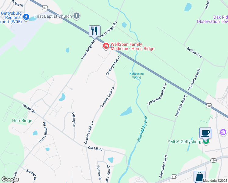 map of restaurants, bars, coffee shops, grocery stores, and more near 160 Country Club Lane in Gettysburg