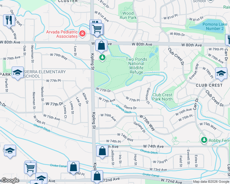 map of restaurants, bars, coffee shops, grocery stores, and more near 9745 West 77th Drive in Arvada