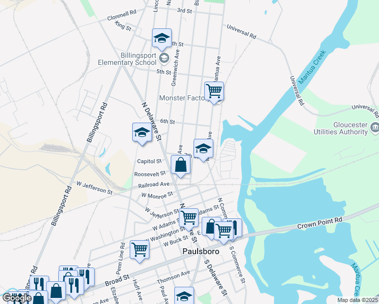 map of restaurants, bars, coffee shops, grocery stores, and more near 640 Beacon Avenue in Paulsboro