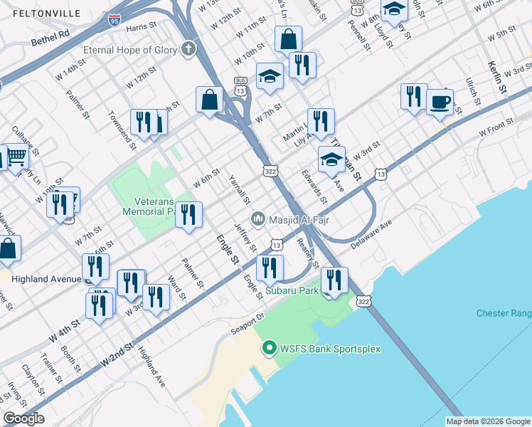 map of restaurants, bars, coffee shops, grocery stores, and more near 1960 West Union Street in Chester