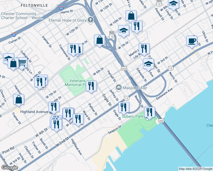 map of restaurants, bars, coffee shops, grocery stores, and more near 2022 West 4th Street in Chester