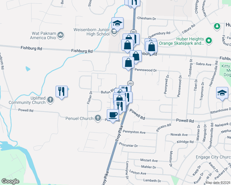 map of restaurants, bars, coffee shops, grocery stores, and more near 4632 Bufort Boulevard in Dayton