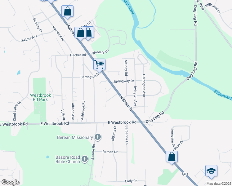 map of restaurants, bars, coffee shops, grocery stores, and more near 7836 North Main Street in Dayton
