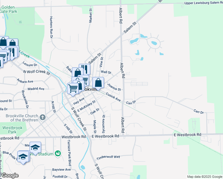 map of restaurants, bars, coffee shops, grocery stores, and more near 232 Joanna Street in Brookville