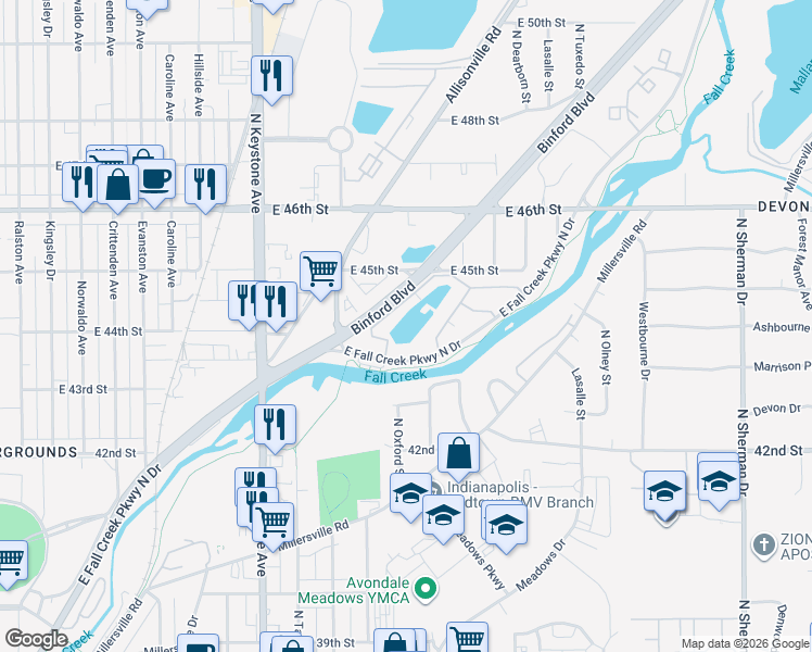 map of restaurants, bars, coffee shops, grocery stores, and more near 4252 Lakeway Drive in Indianapolis