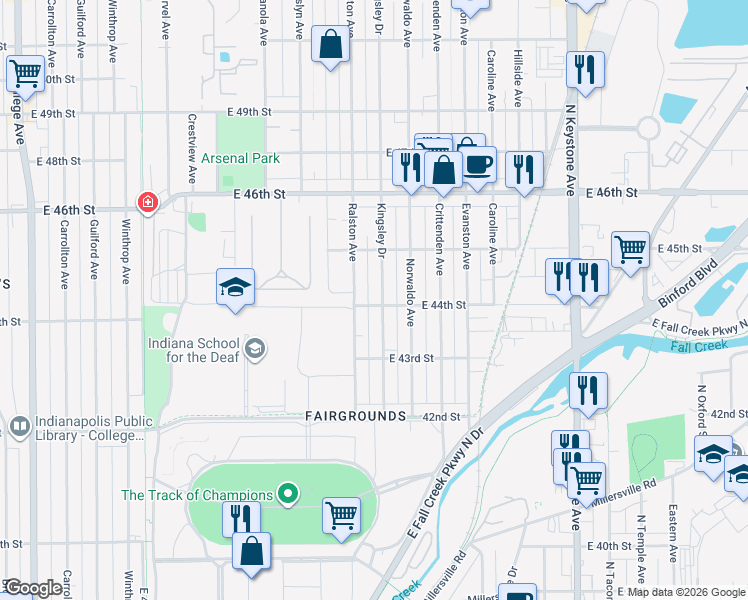 map of restaurants, bars, coffee shops, grocery stores, and more near 4415 Kingsley Drive in Indianapolis