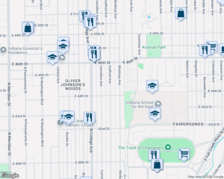 map of restaurants, bars, coffee shops, grocery stores, and more near 4429 Guilford Avenue in Indianapolis
