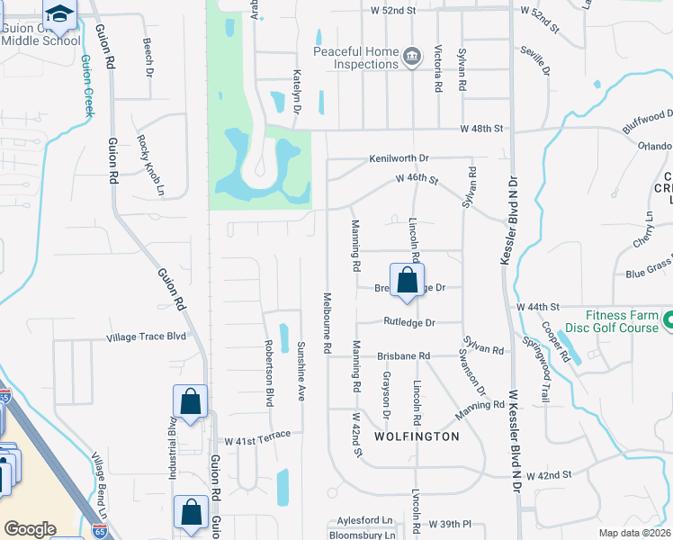 map of restaurants, bars, coffee shops, grocery stores, and more near 4543 Melbourne Road in Indianapolis