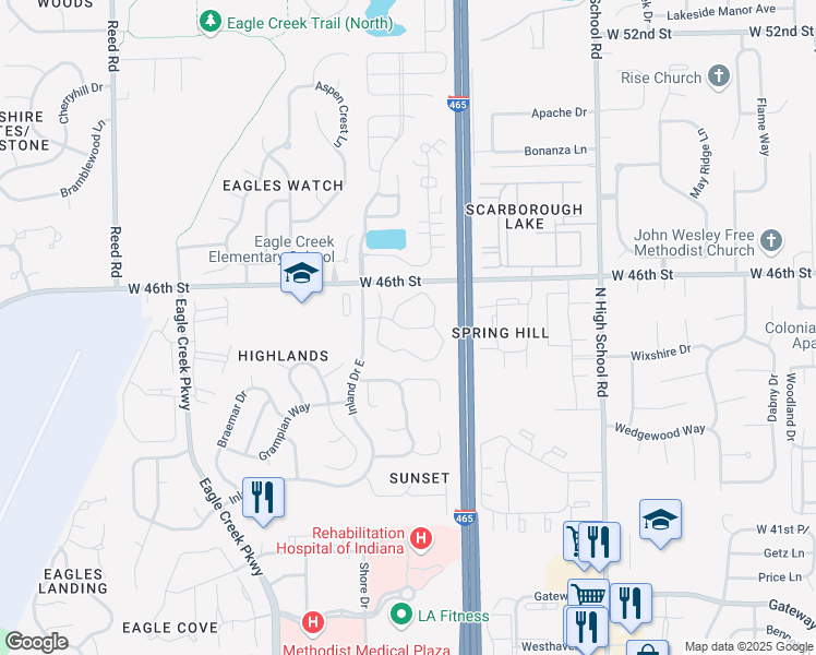 map of restaurants, bars, coffee shops, grocery stores, and more near 6721 Eagle Pointe Drive North in Indianapolis