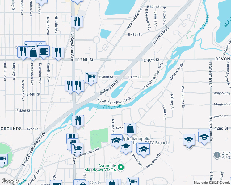 map of restaurants, bars, coffee shops, grocery stores, and more near 4252 Lakeway Drive in Indianapolis