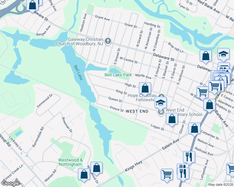 map of restaurants, bars, coffee shops, grocery stores, and more near 522 King Street in Woodbury