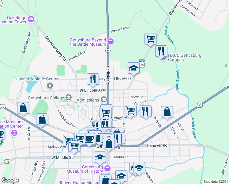 map of restaurants, bars, coffee shops, grocery stores, and more near 27 East Lincoln Avenue in Gettysburg